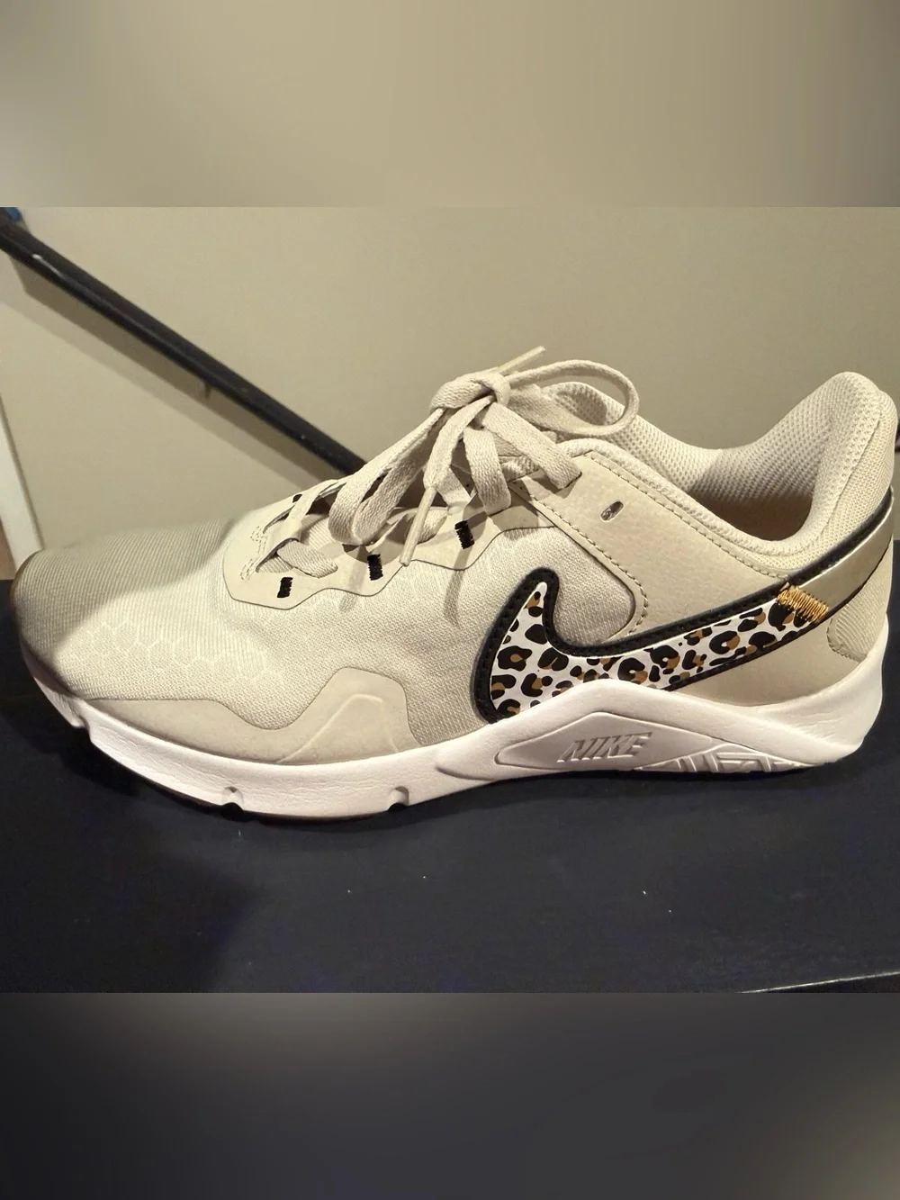 Nike Women Cream Sneaker with Leopard-Print Swoosh